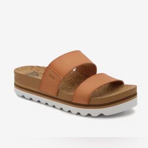 Reef Cushion Vista Hi Women’s Slip on Sandals Tan Vegan Leather Two Strap Cork 7